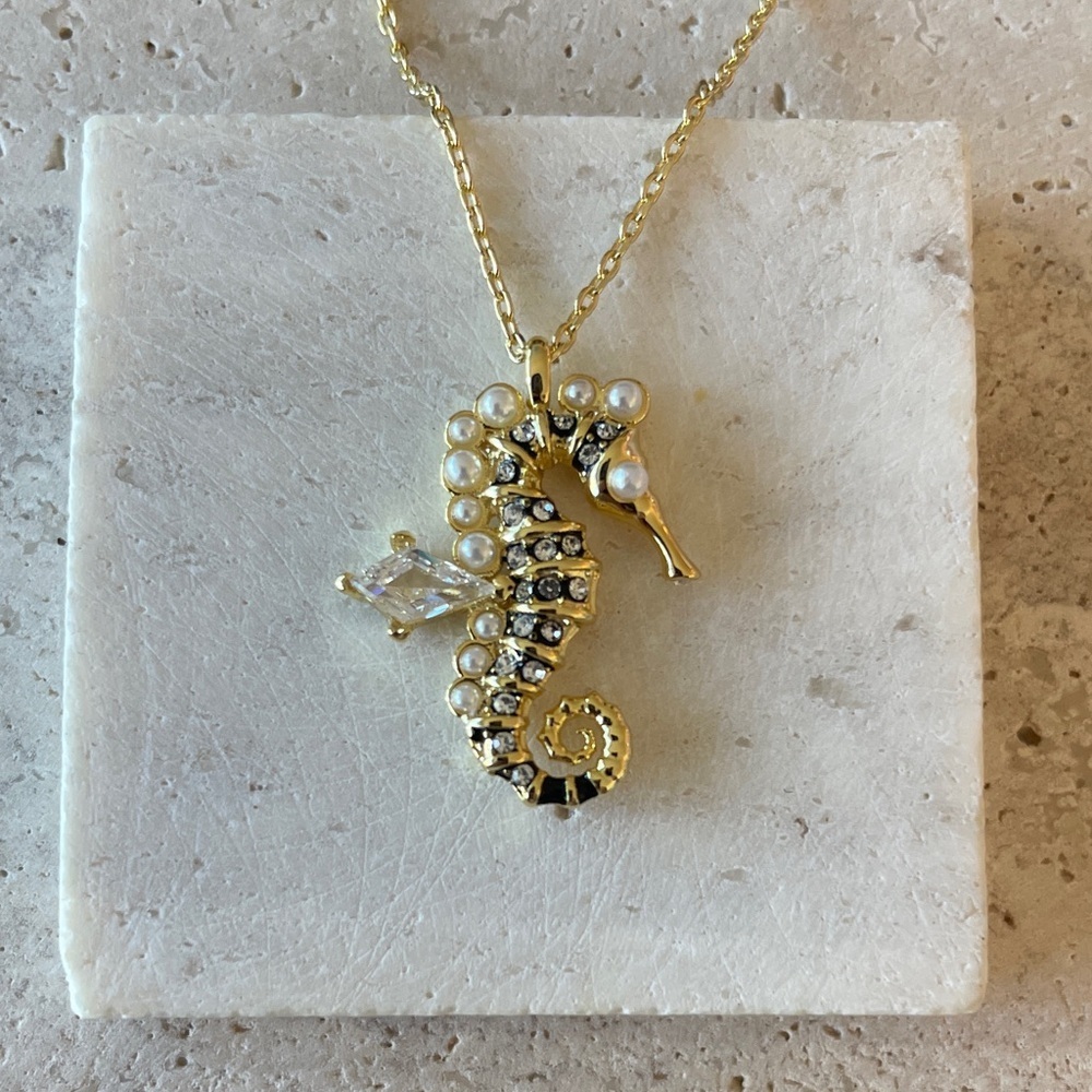 Swarovski Seahorse Necklace Crystal Pearl Gold Tone Ocean Pendant Statement